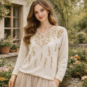 Heirloom Collectibles Beaded Embroidered Sweater Womens 20 Cottagecore Vintage